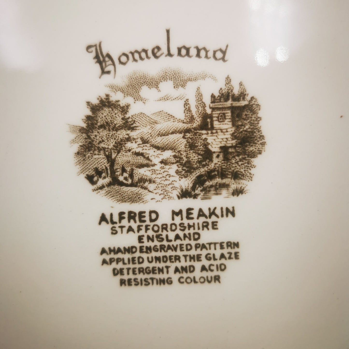 Alfred-Meakin-Brown-and-White-China-Full-Colour-Homeland-Dinner-Plate