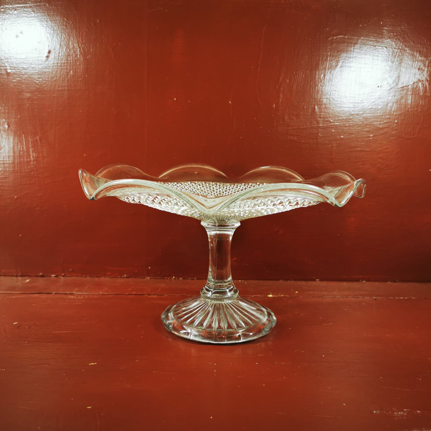 Antique Tri-Mold Clear Glass Fruit Stand