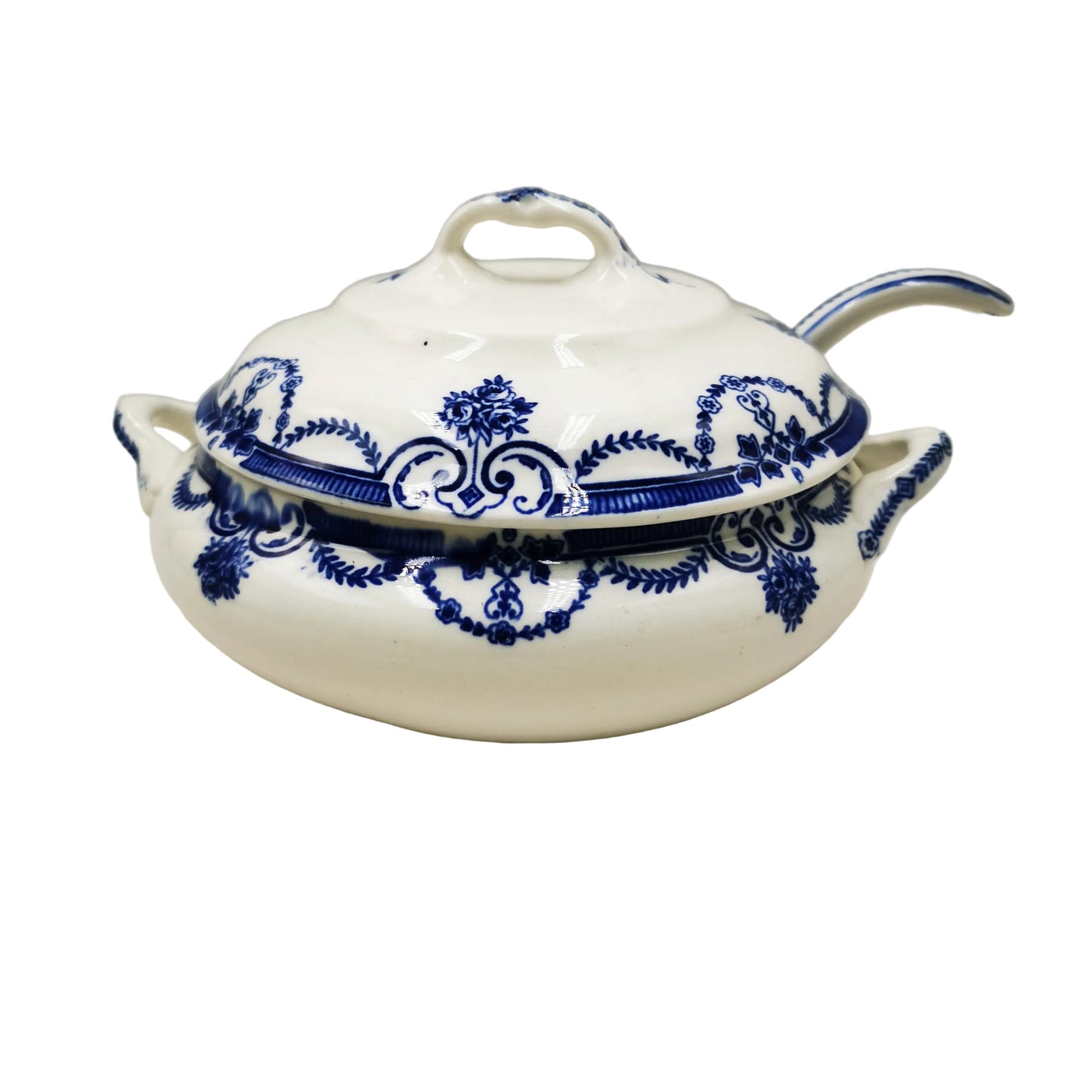 Losol-Ware-Keeling-and-Co-Evesham-Blue-and-White-China-Lidded-Sauce-Tureen-and-Ladle