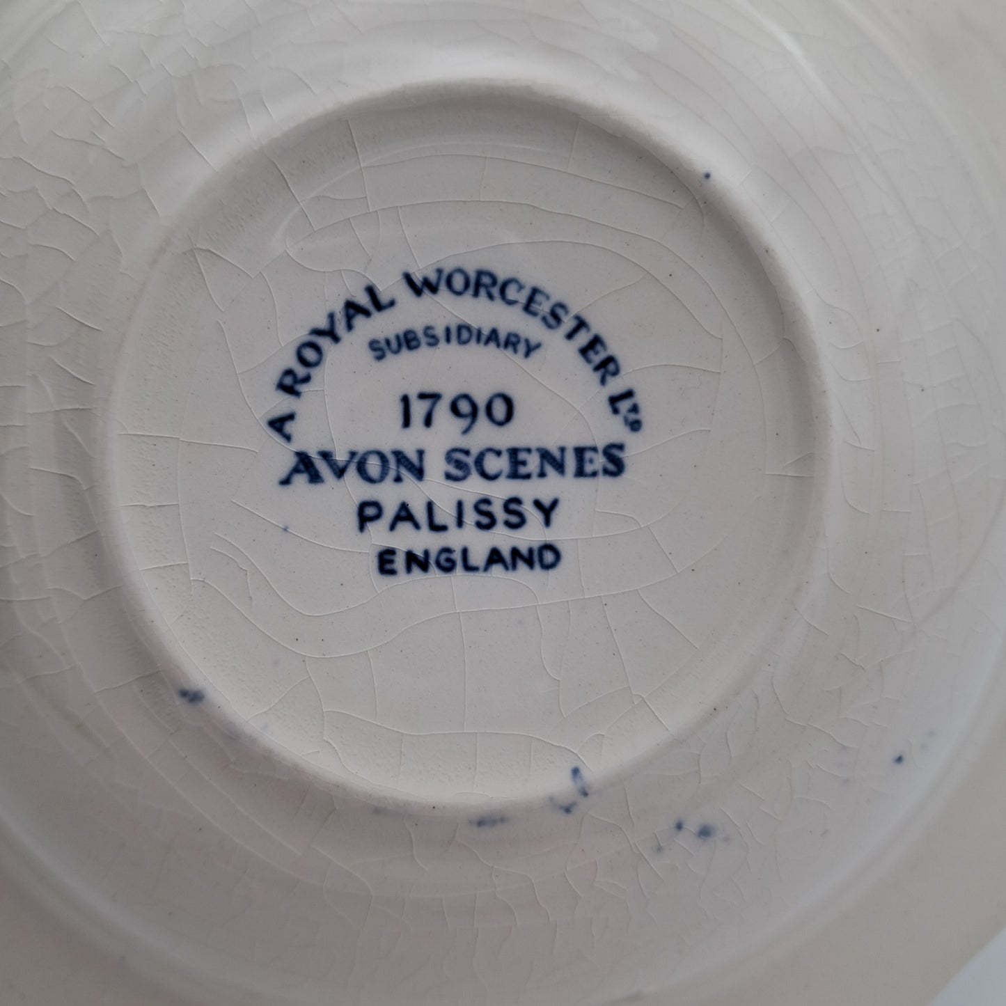Royal Worcester Palissy Blue and White China Avon Scenes Back stamp