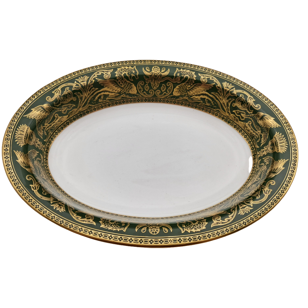 Vintage Wedgwood China Florentine Green W4170 Oval Serving Bowl