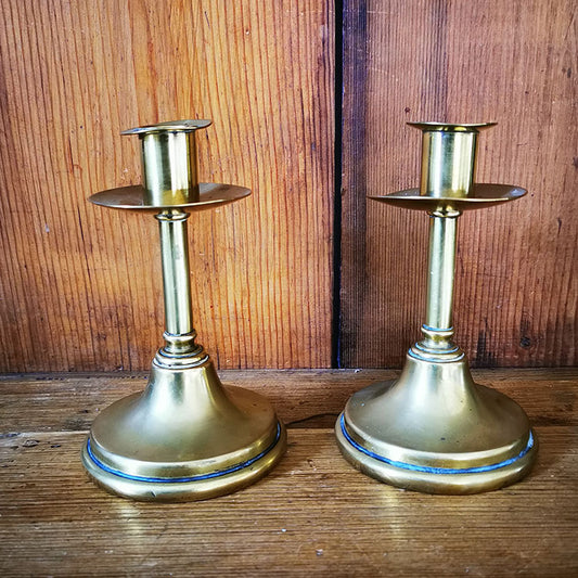 Antique 19th Century English Trumpet Based English Candlesticks with Drip Pans