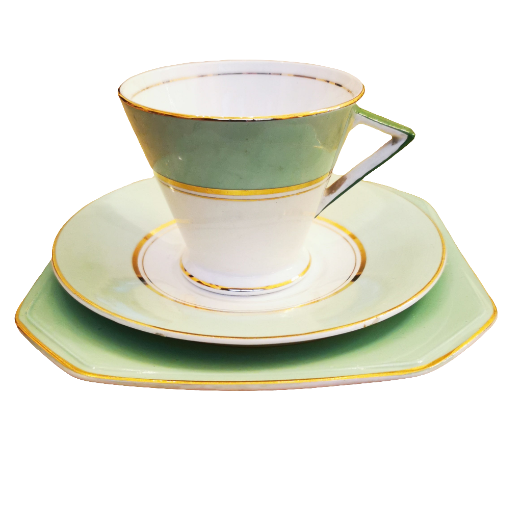 Vintage Palissy Pottery Art Deco China Teacup Saucer and Side