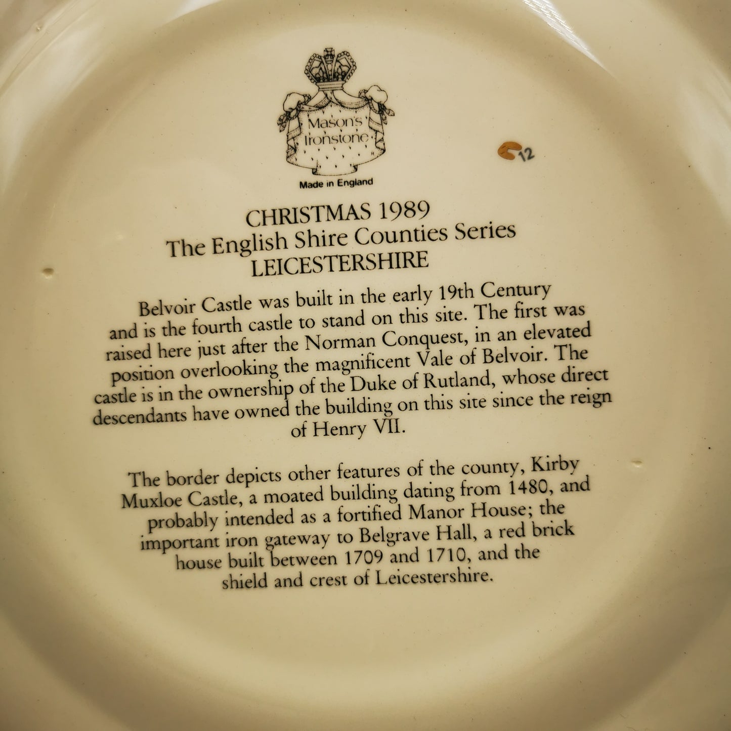 Masons Ironstone Christmas 1989 Belvoir Castle Plate