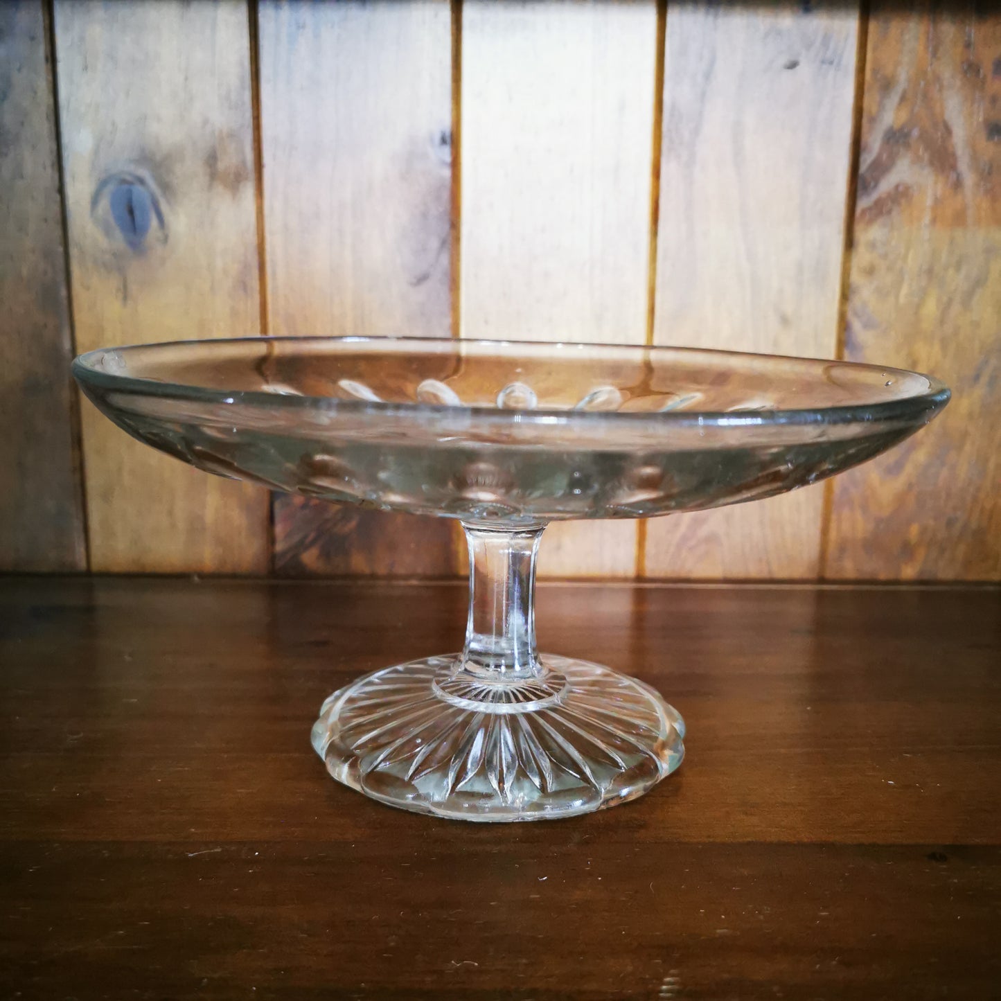 Antique Tri-Molded English Clear Glass 8.5-inch Pedestal Fruit Stand