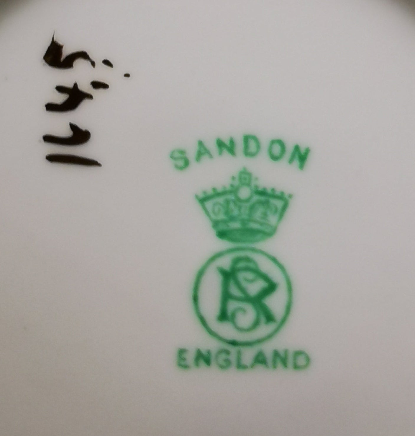 Samuel Radford Sandon 1645 Green and White China Teacup Saucer and Side Plate