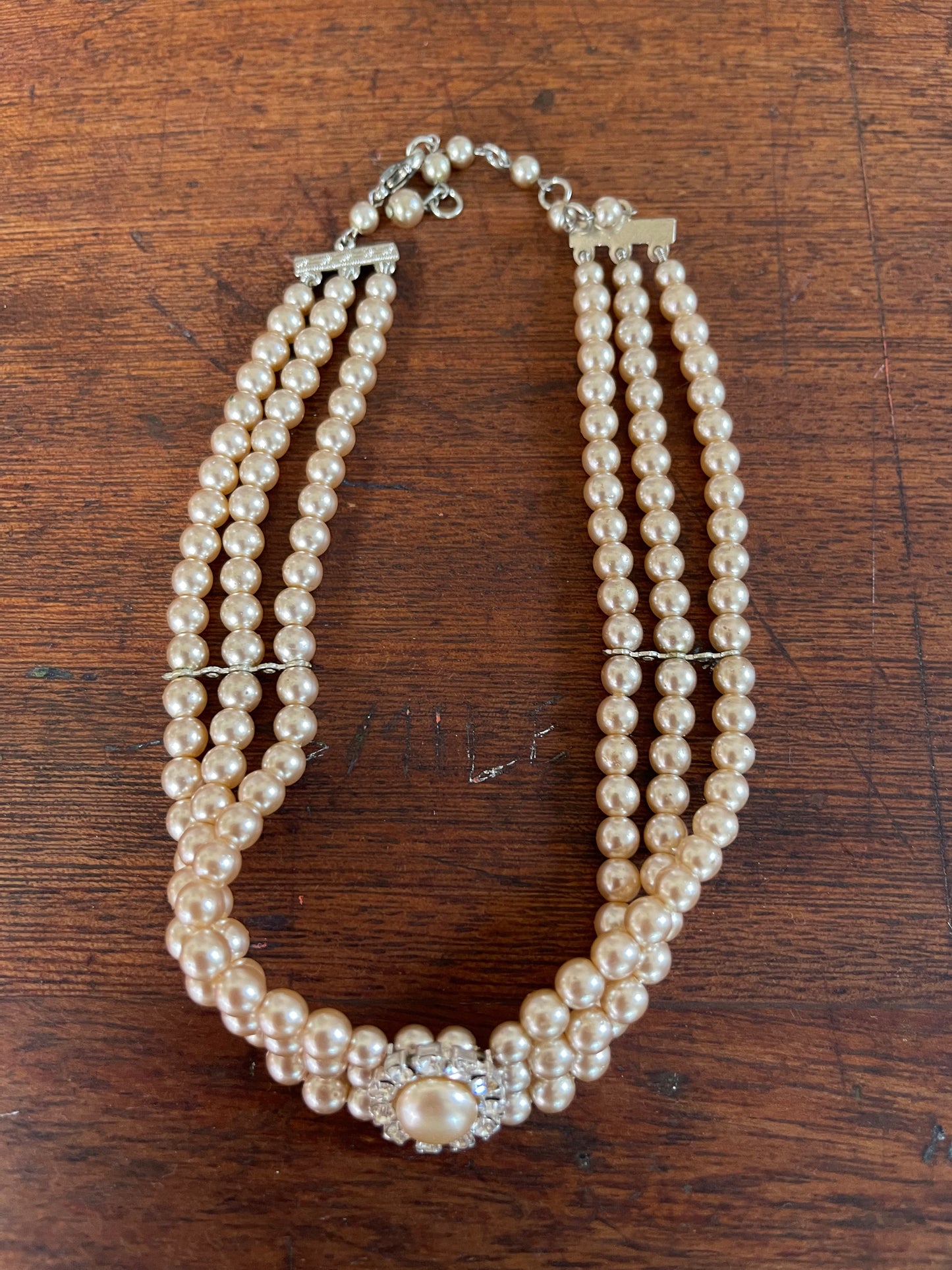 Vintage 1980’s 3 Strand Faux Pearl Adjustable Choker Necklace With Diamanté Clasp