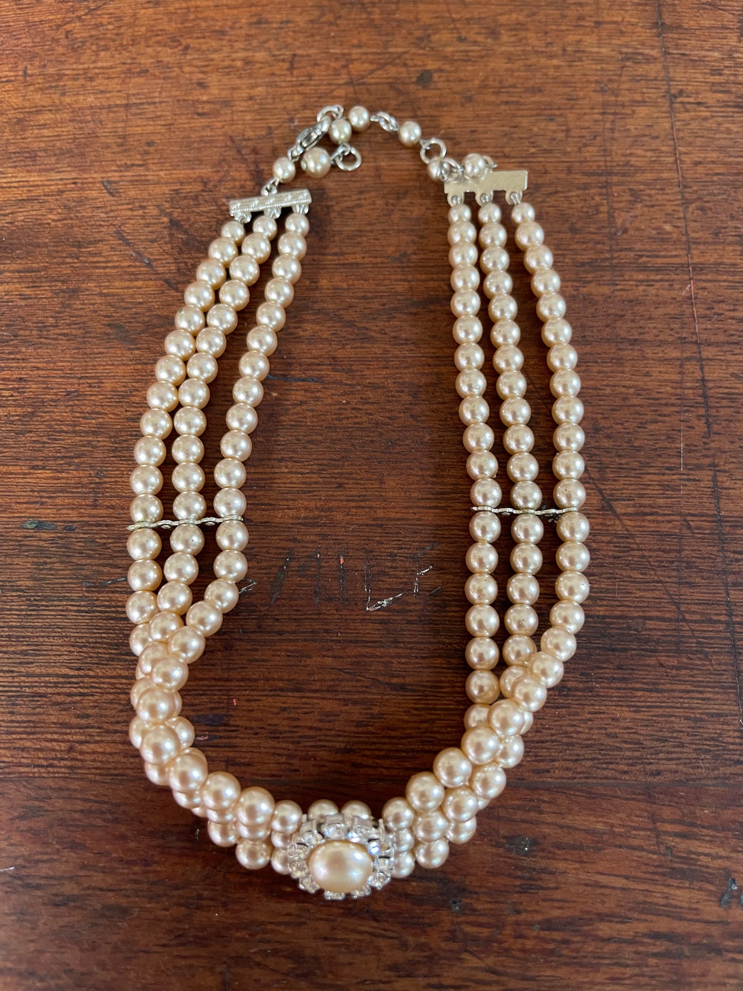 Vintage 1980’s 3 Strand Faux Pearl Adjustable Choker Necklace With Diamanté Clasp