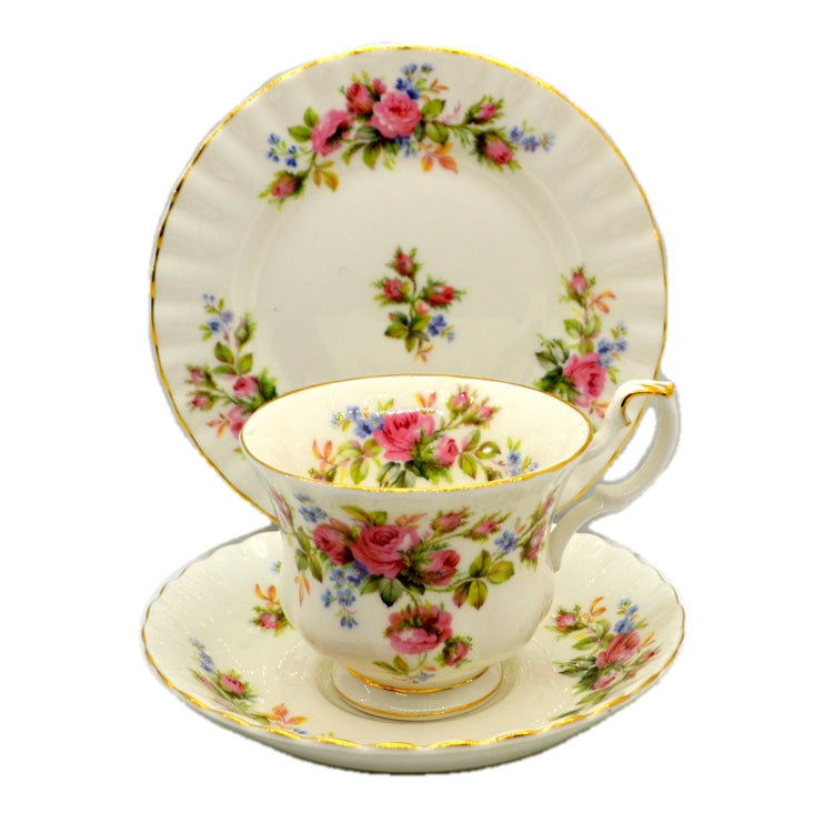 Royal Albert China Moss Rose Tea Cup Saucer & Side Plate Trio