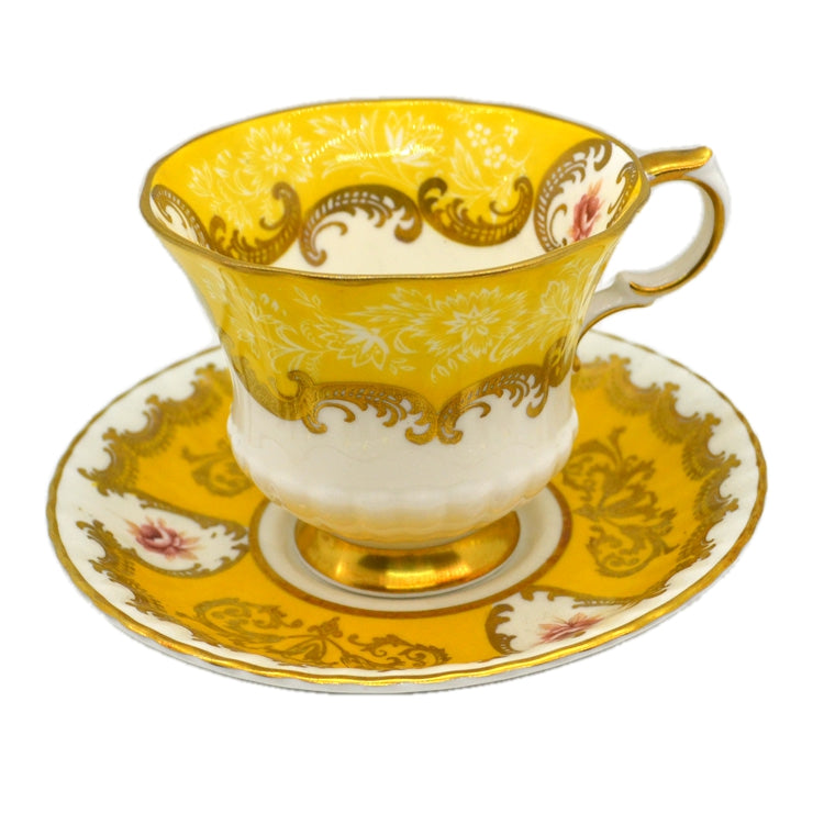 Vintage Paragon Yellow and Gold Chinz Double Warrant Teacup and Saucer Set with Gold medallion, hot Made in ENGLAND Tea Cup, pattern A 3234/7