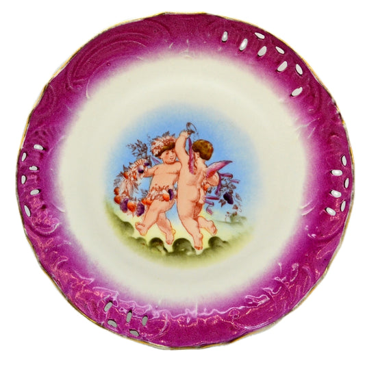 Antique Purple Rim Cherub Pierced China Cabinet Plate