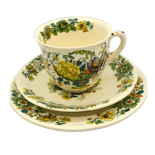 Vintage Masons Strathmore Green and Yellow Teacup Trio c1940