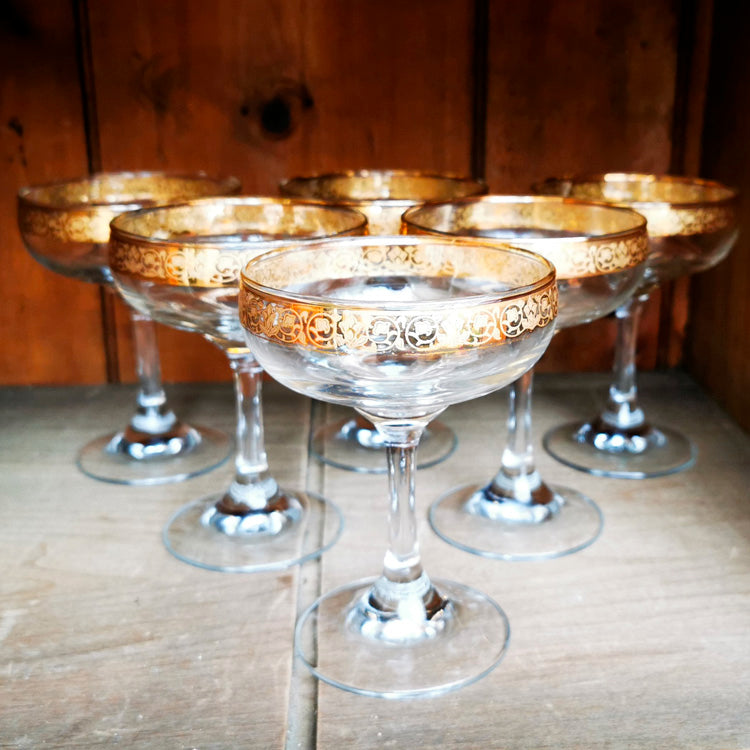 set of six vintage gilded champagne glasses