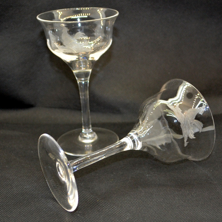 A Pair of English Ogee Bowl Fine Etched Wine Glasses