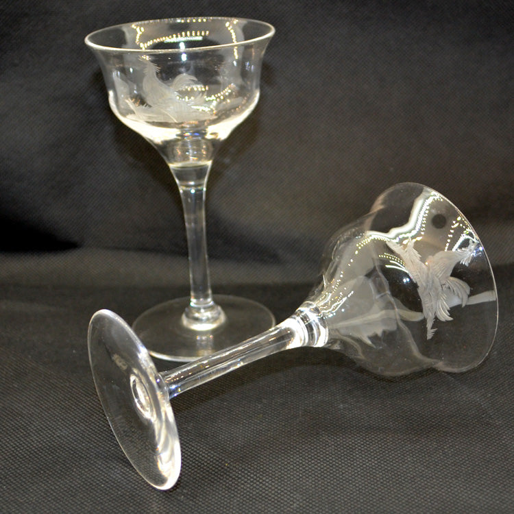 A Pair of English Ogee Bowl Fine Etched Wine Glasses