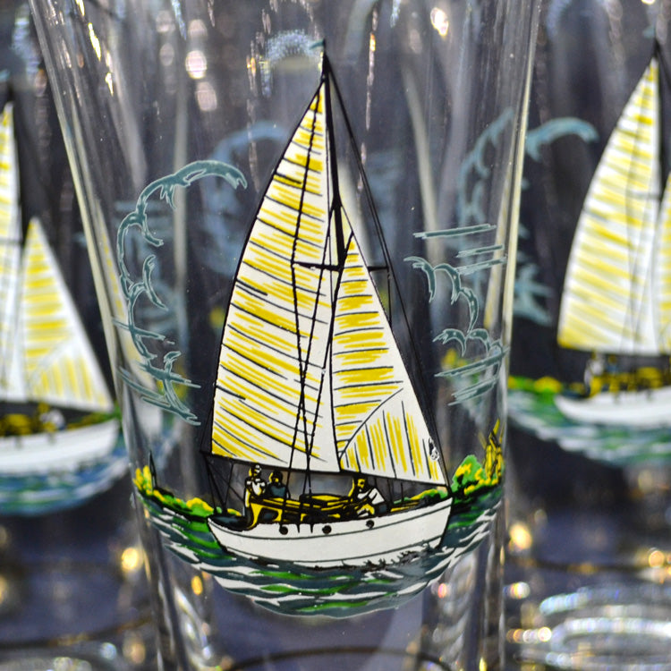 Set of 6 Tall Gilt Rim Sail Boat Larger Glass