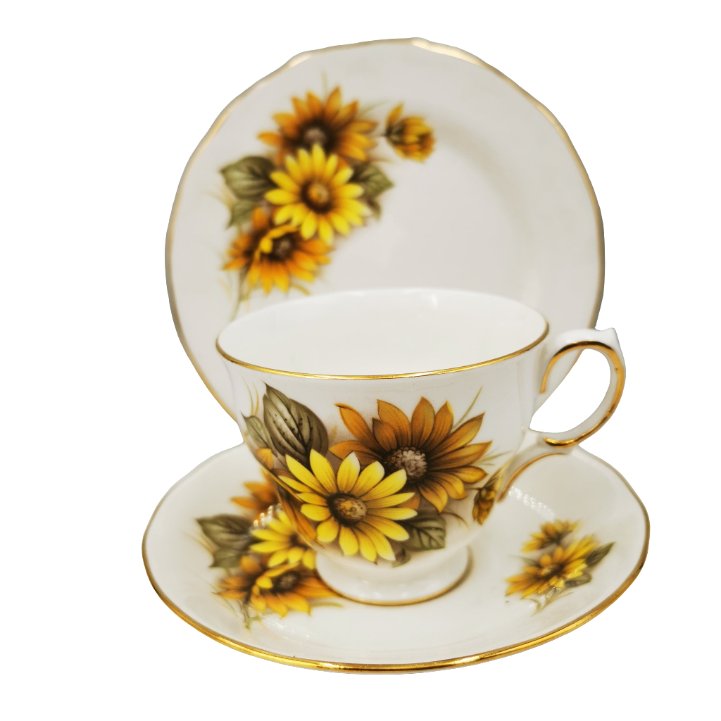 Queen Anne Sunflowers China Teacup Saucer and Side Plate 8592