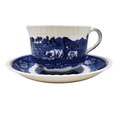 Adams English Scenic Blue and White China Breakfast Cup and Saucer