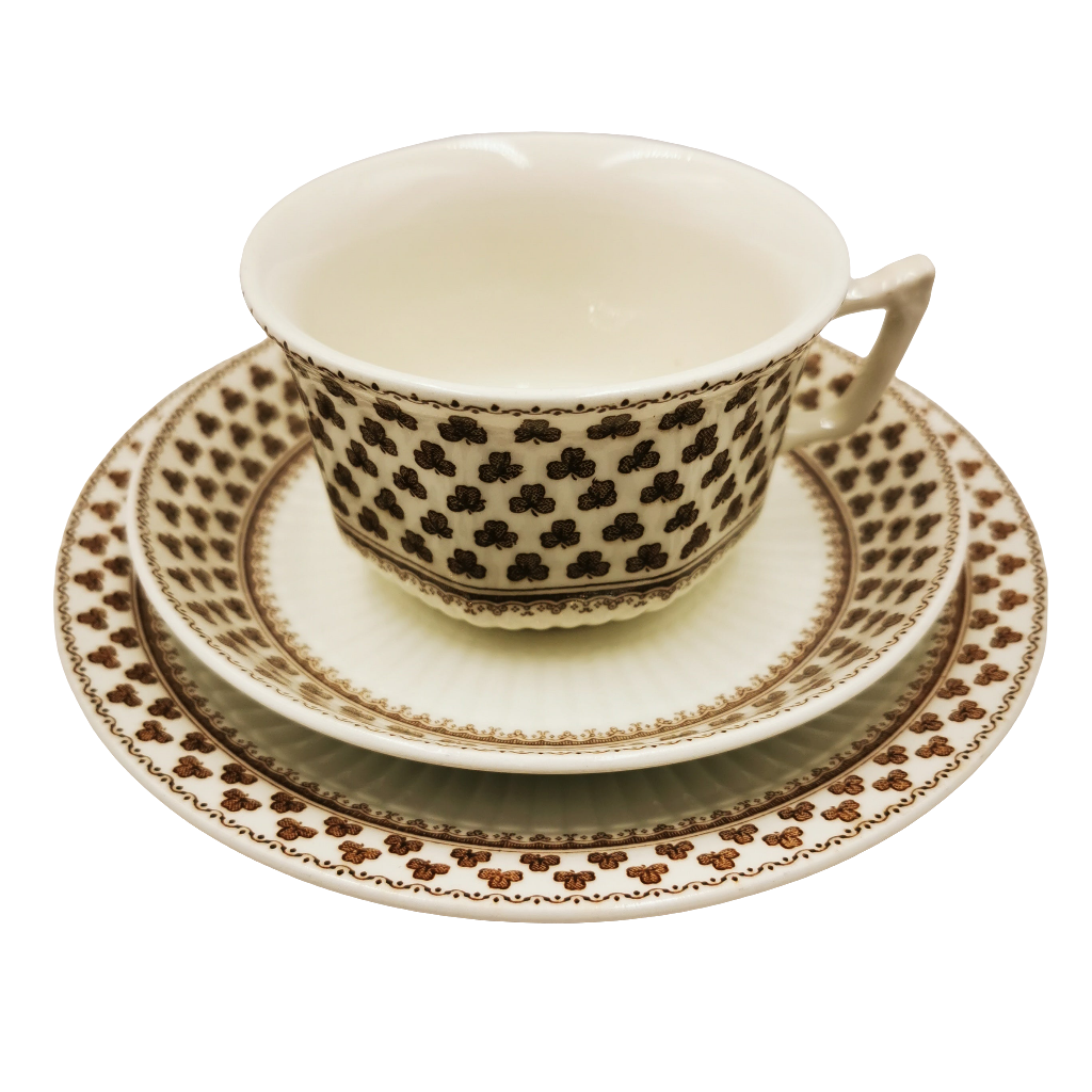 Adams Sharon Brown and White China Teacup Saucer and Side Plate Trio