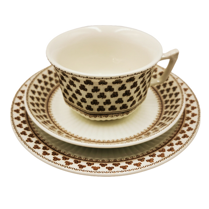 Adams Sharon Brown and White China Teacup Saucer and Side Plate Trio