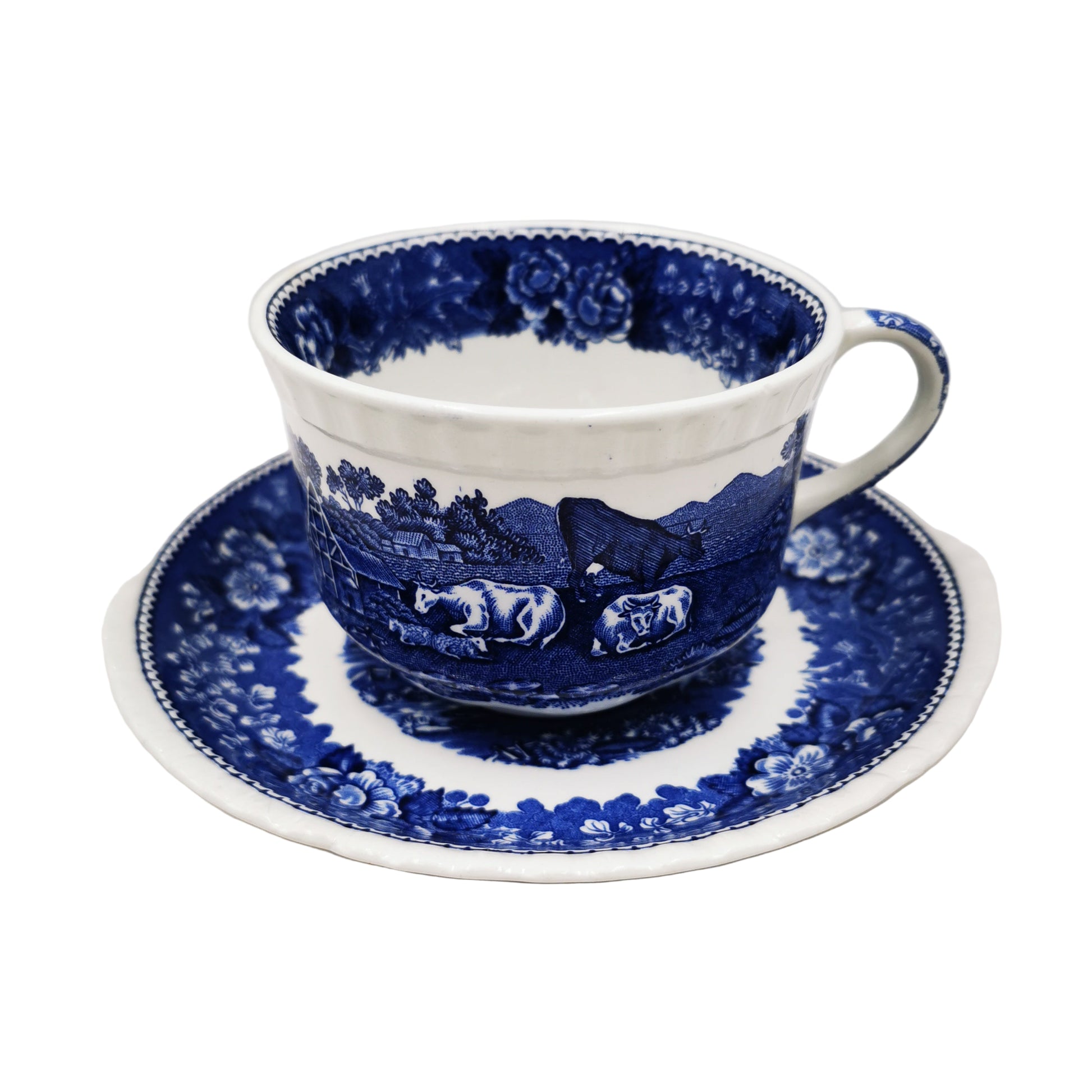 Adams English Scenic Blue and White China Breakfast Cup and Saucer