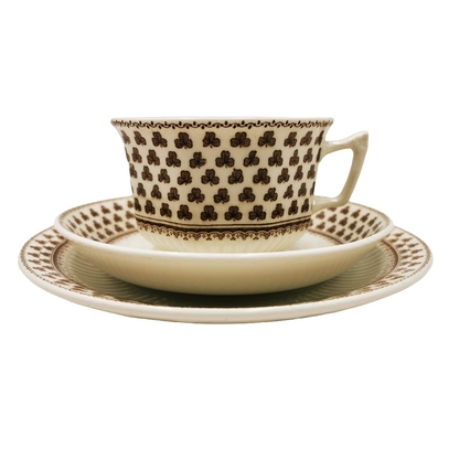 Adams Sharon Brown and White China Teacup Saucer and Side Plate Trio