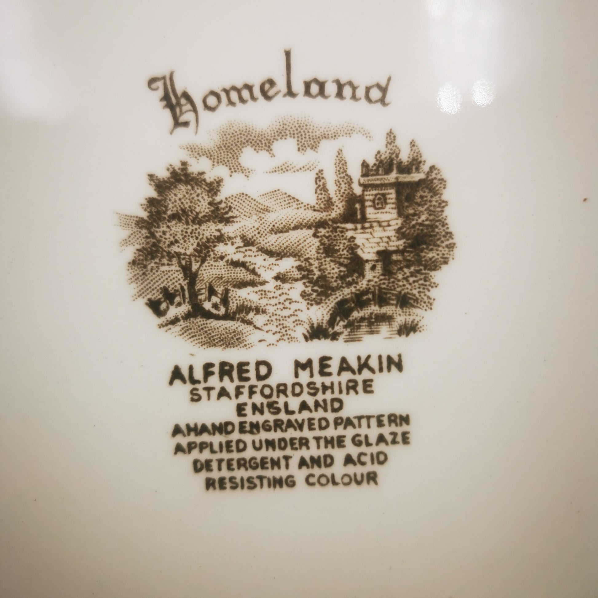 Alfred-Meakin-Brown-and-White-China-Full-Colour-Homeland-Dinner-Plate