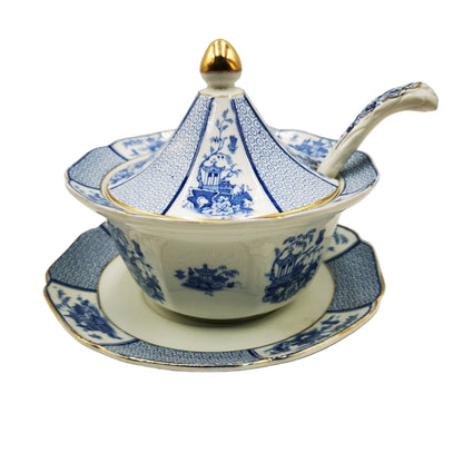 Allertons Ltd Pavilion Blue and White China Lidded Sauce Tureen Set