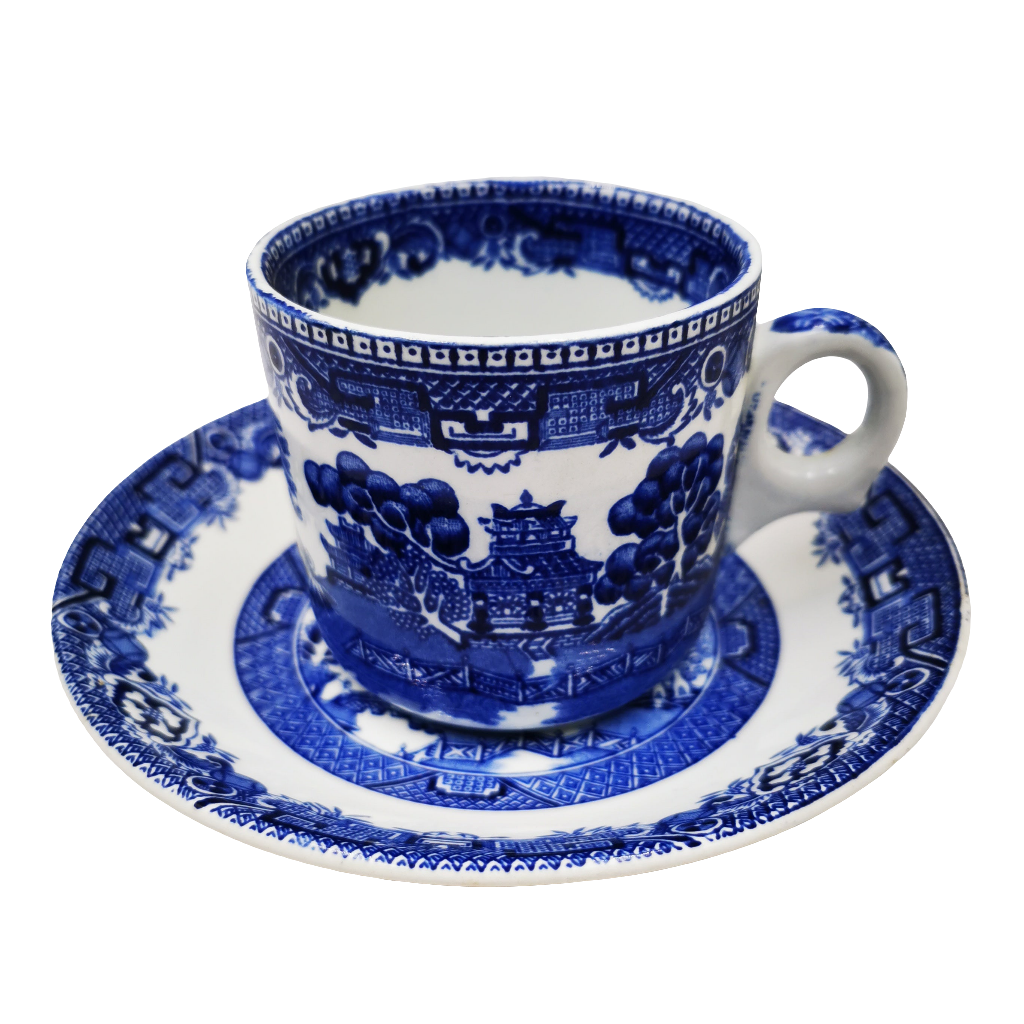 Antique Blue and White Willow English China Teacup and Saucer