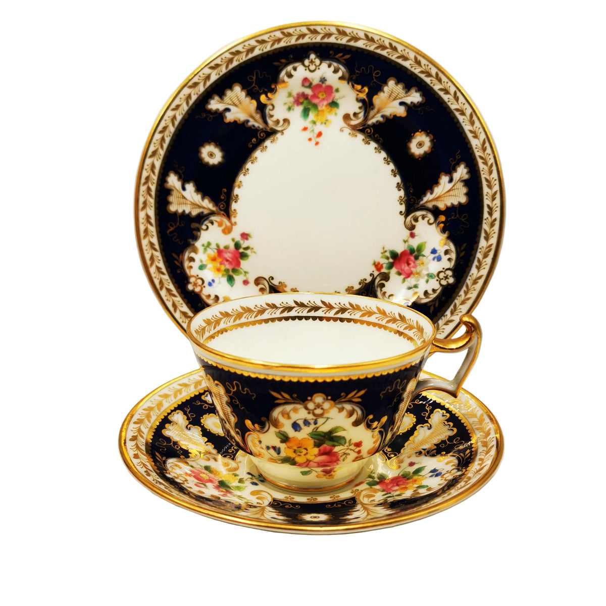 Antique-Cauldon-2404-Floral-and-Gilt-China-Teacup-Saucer-and-Side-Plate-Trio