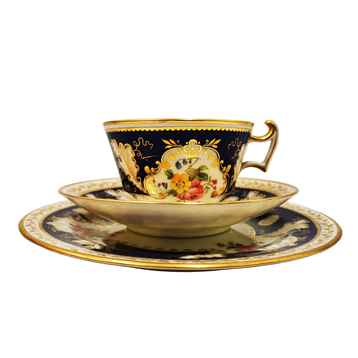 Antique-Cauldon-2404-Floral-and-Gilt-China-Teacup-Saucer-and-Side-Plate-Trio