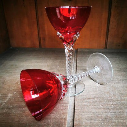 Antique-Cranberry-Glass-Bowl-Barley-Twist-Stem-Liqueur-Glass