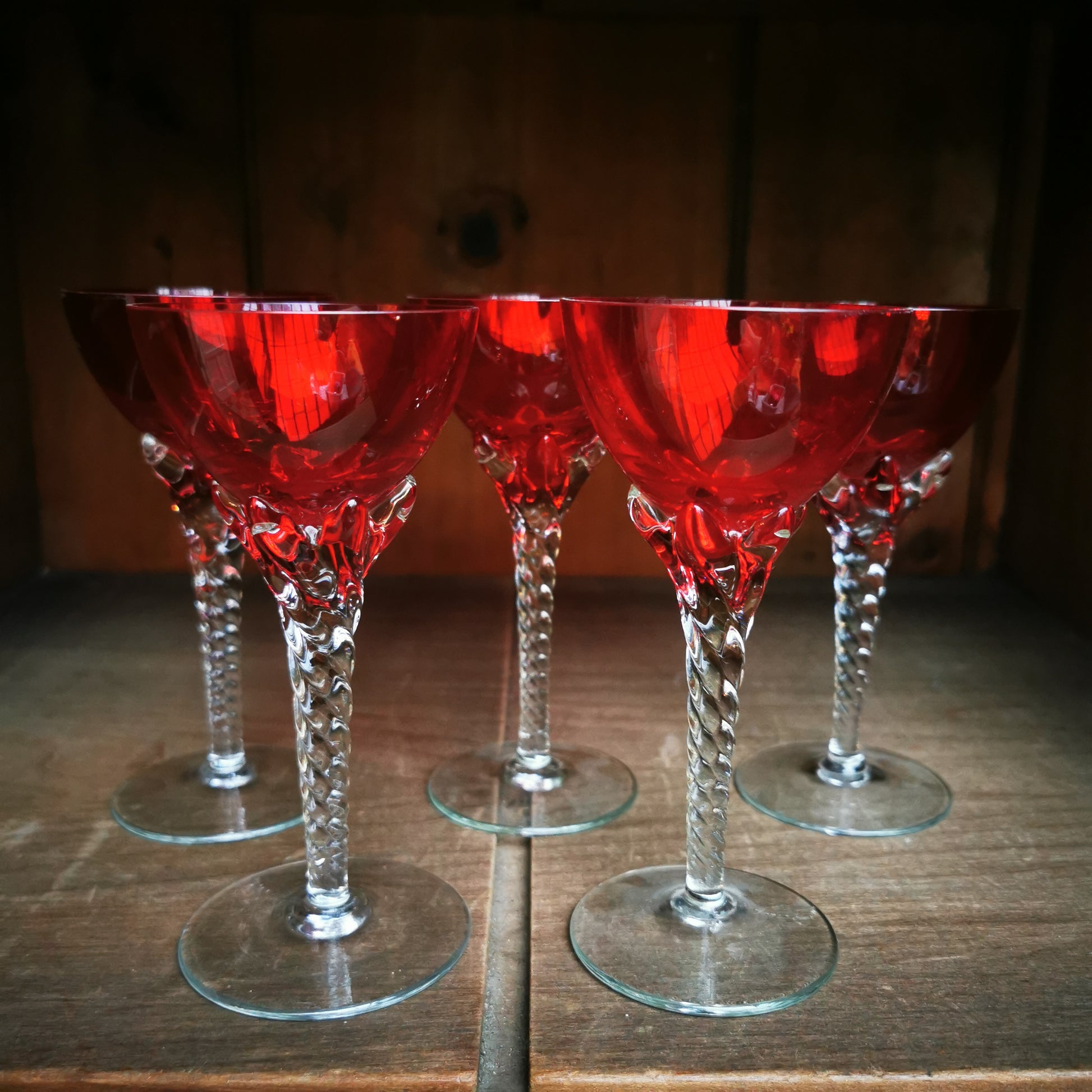 Antique-Cranberry-Glass-Bowl-Barley-Twist-Stem-Liqueur-Glass