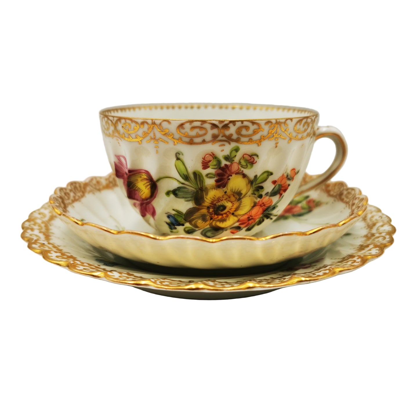 Antique Dresden China Hand Painted Floral Sprays 278 Teacup Saucer and Side Plate