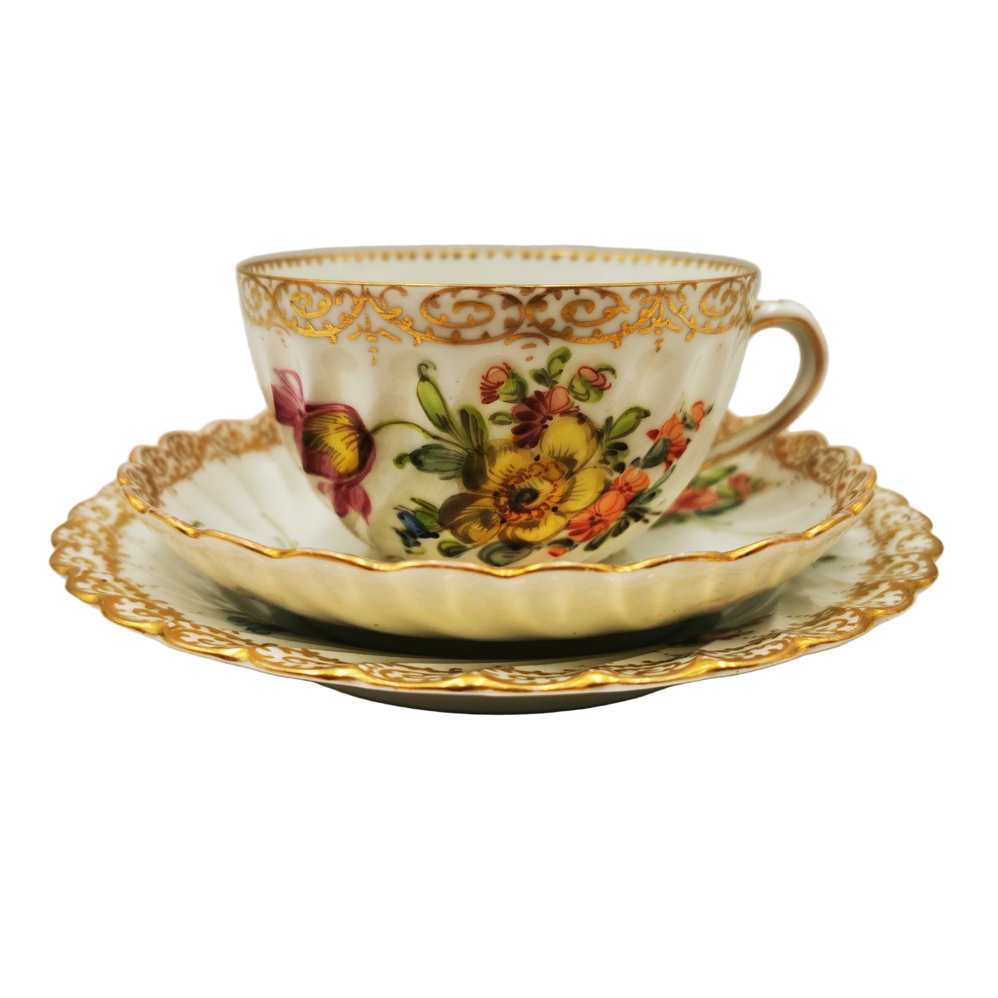 Antique Dresden China Hand Painted Floral Sprays 278 Teacup Saucer and Side Plate