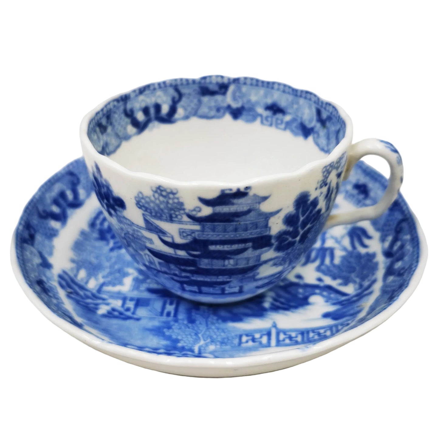 Antique English Blue and White Porcelain China Temples Teacup & Saucer