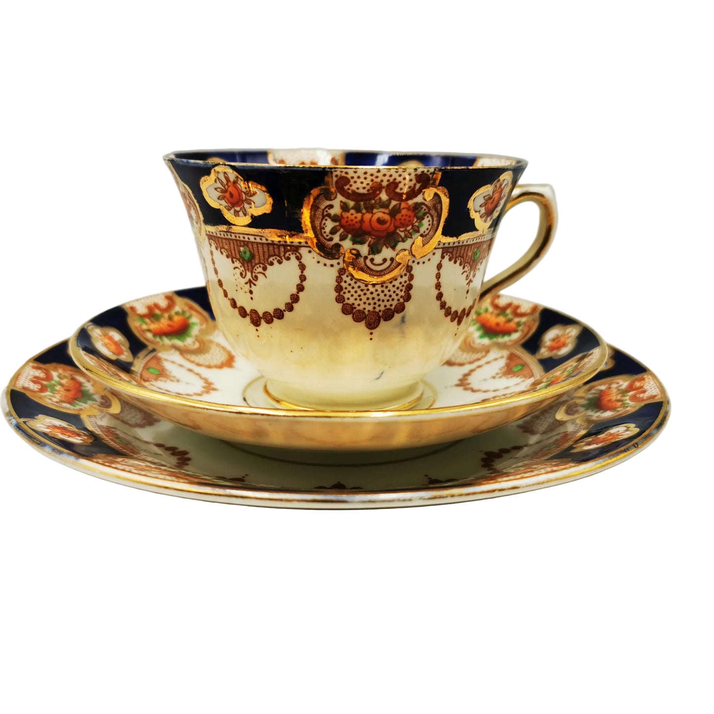 Doric-China-Blue-Imari-China-pattern-900-Teacup-Saucer-and-Side-Plate-Trio