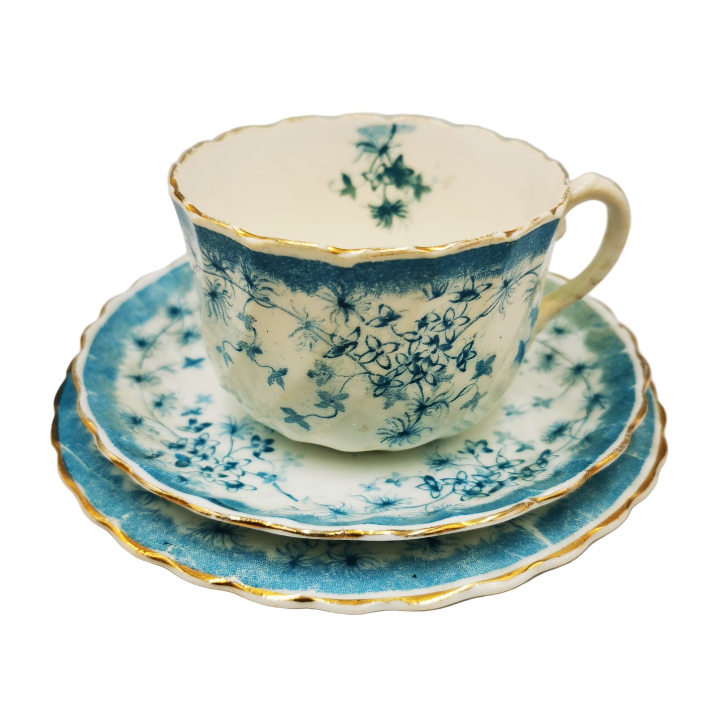 Antique James Beech & Son Rd No 219004 Blue and White Bone China Teacup Trio