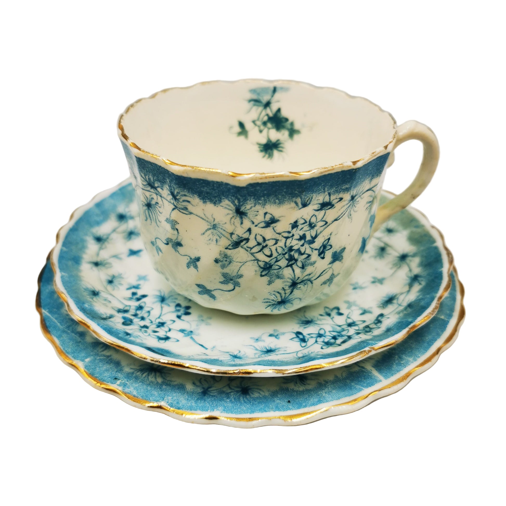 Antique James Beech & Son Rd No 219004 Blue and White Bone China Teacup Trio