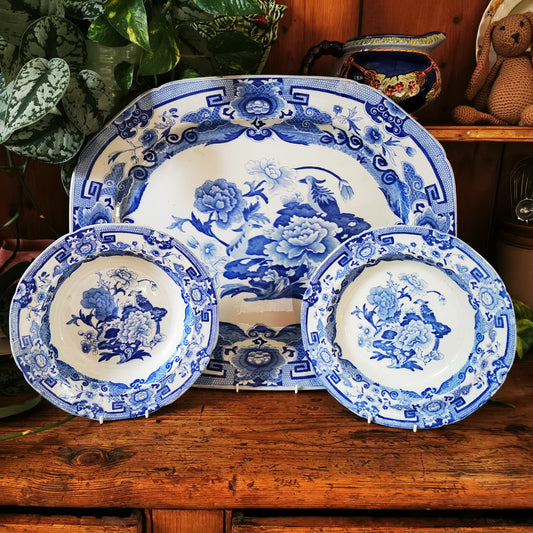 Antique Masons Ironstone China Blue Pheasant Trio c1820