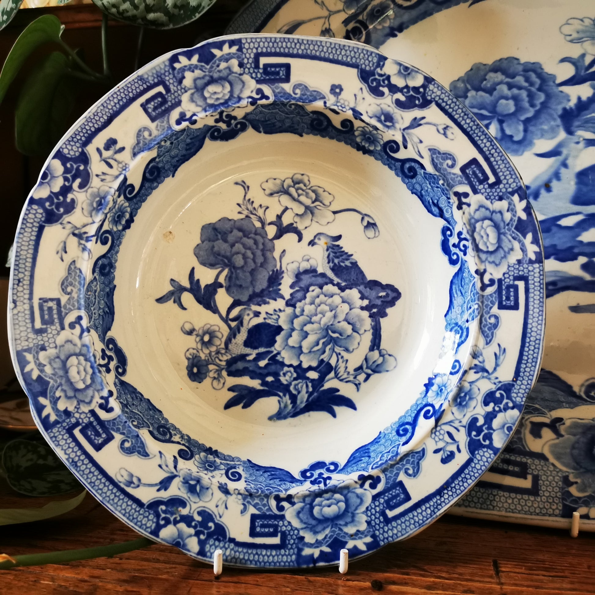 Antique-Masons-Ironstone-China-Blue-Pheasant-Trio-c1820