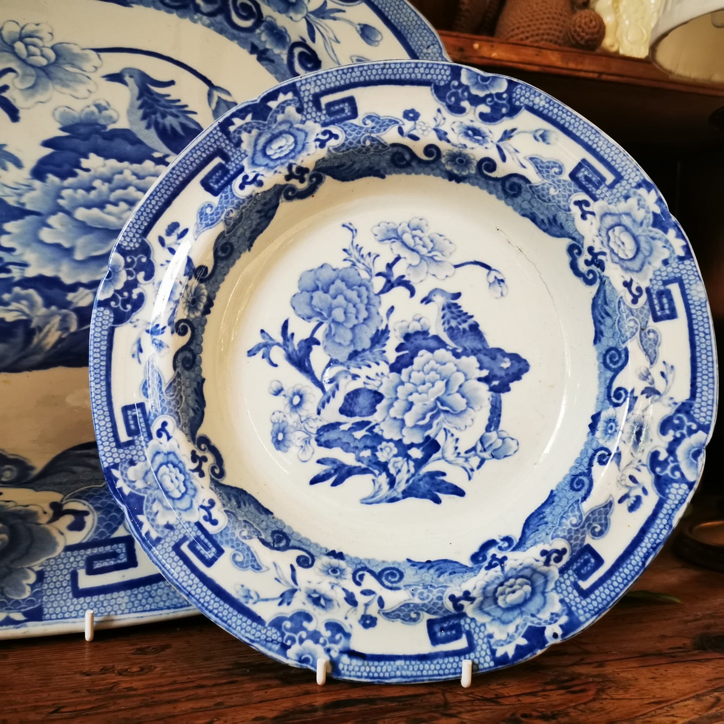 Antique-Masons-Ironstone-China-Blue-Pheasant-Trio-c1820