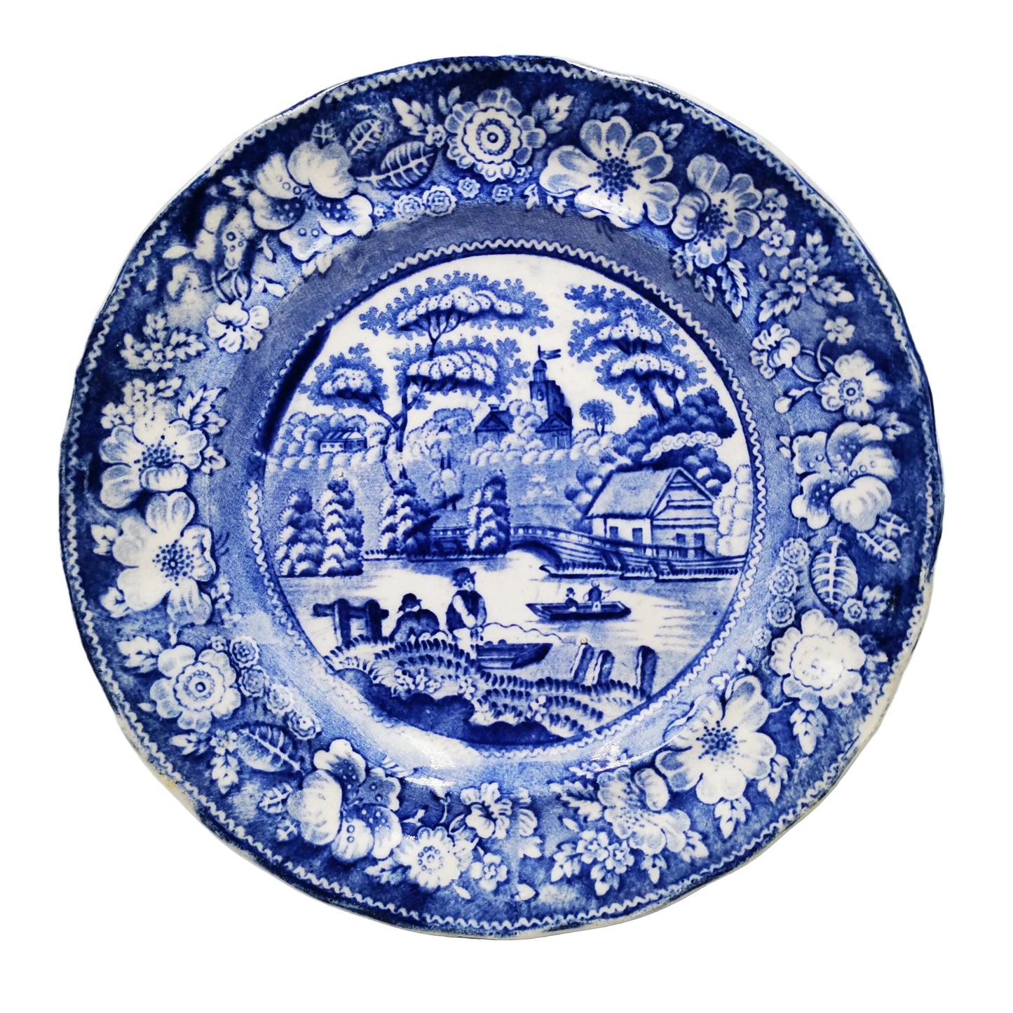 Antique Nuneham Park Wild Rose Blue and White Pearlware China Dinner Plate