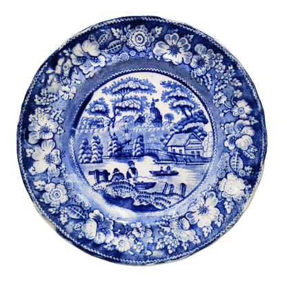 Antique Nuneham Park Wild Rose Blue and White Pearlware China Dinner Plate