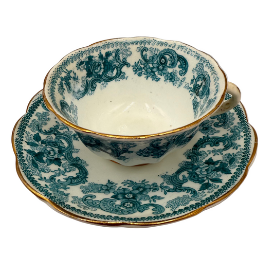 Antique Porcelain China 9250 Turquoise Blue and White Teacup and Saucer
