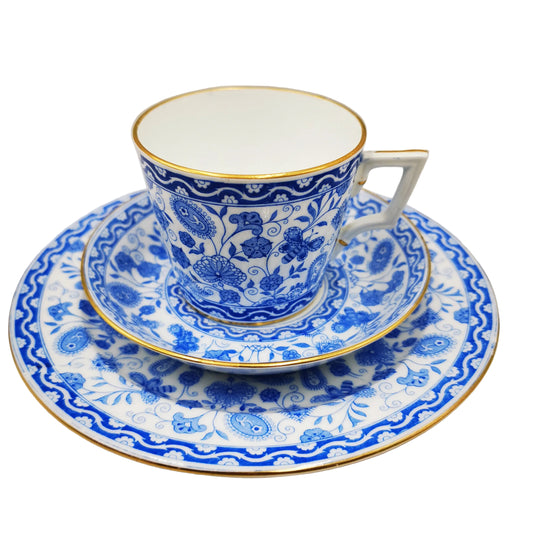 Antique Royal Crown Derby China Blue Wilmot Teacup, Saucer and Side Plate 1890's