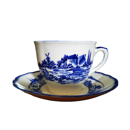 Antique Royal Doulton Blue and White China Norfolk D6294 Round Teacup and Saucer