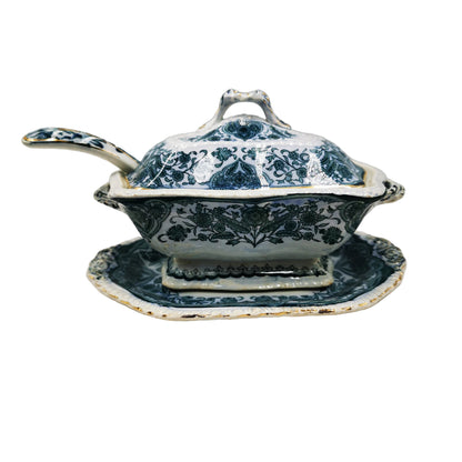 Antique Sampson Bridgwood Grecian Blue and White China Sauce Tureen Set