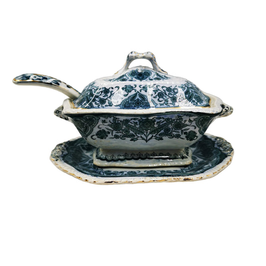 Antique Sampson Bridgwood Grecian Blue and White China Sauce Tureen Set