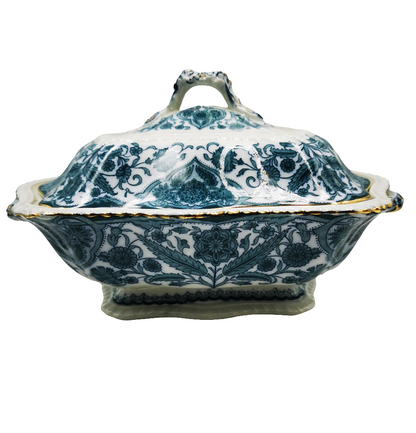 Antique Sampson Bridgwood Grecian Blue and White Vegetable Tureen Blue and white patterned ceramic dish with lid on a white background